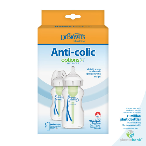 Dr. Brown's Natural Flow Anti-Colic Options+ Wide-Neck Baby Bottle, 9 oz/270 mL, Level 1 Nipple, 2-Pack, 0m+