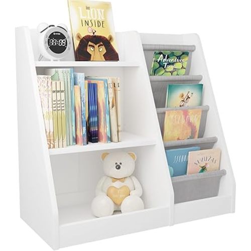 Kids Bookshelf Wood Toy Storage Organizer Cabinet Children Bookcase Toddler Baby Sling Book Rack Adjustable Shelf for Playroom Bedroom Nursery Hallway School Kindergarten