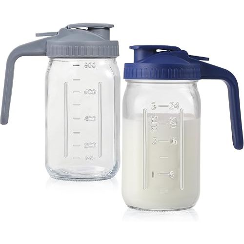 2Pack 32oz Glass Pitcher with Lid, Wide Mouth Storage Container | Double Leakproof Glass Mason Jar Pitcher with Pour Spout Lid, for Breastmilk, Sun Tea, Juice, Cold Brew Coffee, Water