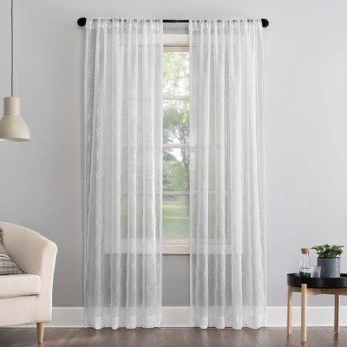 Tamaryn Embroidered Trellis Sheer Rod Pocket Curtain Panel - No. 918, Color: White, Size: 63"x50"