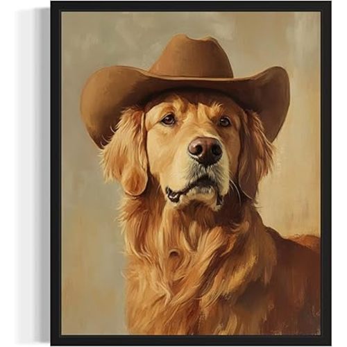 Golden Retriever Cowboy Art Print Poster Wall Art, Western Country Farmhouse Wild West for Bedroom, Bathroom, Living Room Art Decor 58 (Golden Retriever, 11 x 14 inches, Black Frame)