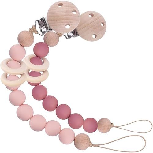 2Pcs Silicone Pacifier Clip with Natural Wooden Rings, Pink and Rose Baby Pacifier Holder Binky Clips for Baby Girl (Pink)