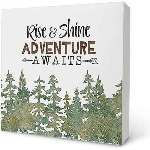 Knibeo Woodland Rise and Shine Adventure Awaits Wood Box Sign - Boy Nursery Decor, Country Bedroom, Rustic Cabin 5x5