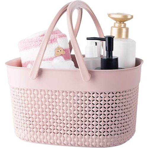 rejomiik Portable Shower Caddy Basket, Plastic Organizer Storage Tote with Handles Toiletry Bag Bin Box for Bathroom, College Dorm Room Essentials, Kitchen, Camp, Gym, Pink