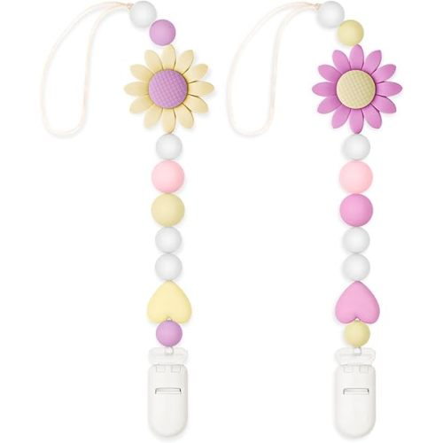2 Pack Silicone Pacifier Clip for Boys and Girls, Features One-Piece Design Pacifier Strap with Clip, Adorable Sunflower Pacifier Holder for Baby Teethers and Toys