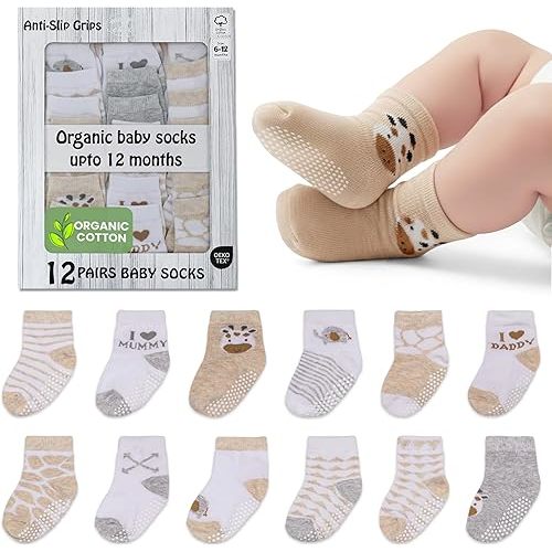 Organic Cotton Baby Socks 6-12 Months, 12 Pairs Unisex Anti Slip - Soft & Hypoallergenic Baby Girl & Boys Socks (US, Age, 6 Months, 12 Months, Brown)