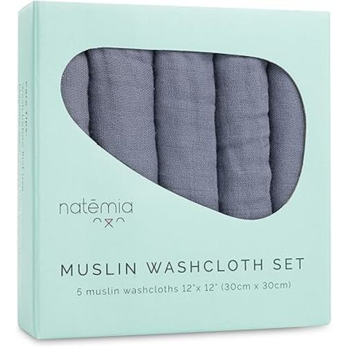 Natemia Muslin Baby Washcloths for Newborn - Premium Wash Cloths for Babies, Super Absorbent and Ultra Soft Rayon Made from Bamboo, 6 Layer Baby Girl and Baby Boy Washcloths, 5 Piece Set