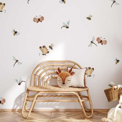 Easy Peel and Stick Wall Stickers - Watercolour Bugs bees Dragonflies Butterflies Wall Stickers for Nursery Wall Decoration by Dizzy Duck
