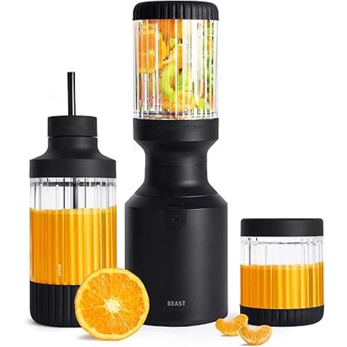 The Beast Mini Blender Plus | Mini Countertop Kitchen Blender | Blend Smoothies and Shakes, Dressings, Sauces, Dips | Extra Vessels, Straw Cap and Straws Included | 600W (Carbon Black)