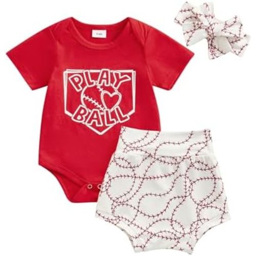 Newborn Baby Girl Baseball Outfit Short Sleeve Letters Print Romper Baseball Shorts Set Headband Summer Clothes