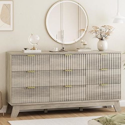 Fluted Dresser for Bedroom with 9 Drawers, 57" Wide Modern Chest of Drawers with Metal Handle, Wooden Dresser TV Stand, Wood Closet Clothes Storage Organizer for Living Room, Hallway, Grey