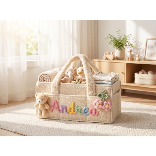 Custom Plush Diaper Caddy Basket, Personalized Baby Storage Basket with Crochet Name, Nursery Organizer, New Mom Baby Shower Gift Decor