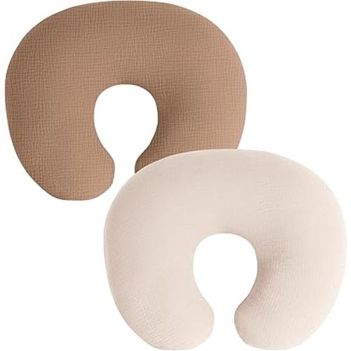 Muslin Nursing Pillow Covers, 2 Pack, Soft & Adorable Slipcovers with Zipper Closure, 100% Cotton Covers for Breastfeeding Pillows (Khiki)