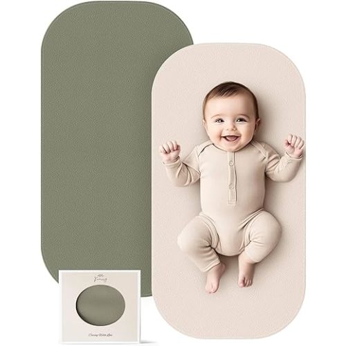 Konssy 2 Pack Faux Leather Baby Changing Mat 30"x17", Foldable and Wipeable Portable Changing Pad, Waterproof and Soft for Travel or Home Use (Fog Green,Beige)
