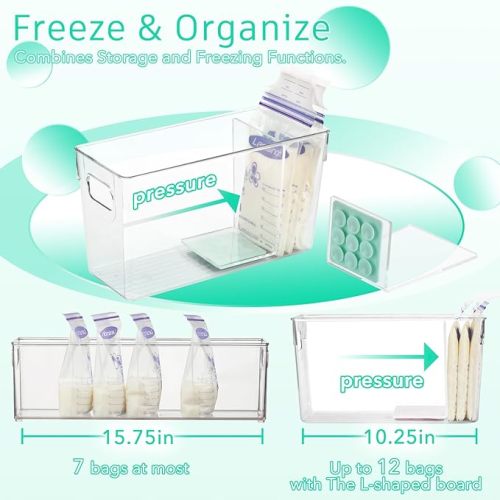 Breastmilk Storage Container with L Shaped Separator Boards, Dividers Will Flatten Standing Breast Milk Bags in Organizer Bins Save Refrigerator Space | 2 Containers Plus 4 Green Removable Dividers