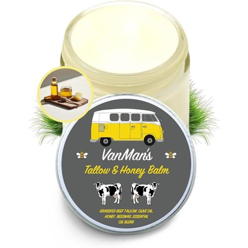 Vanman's Tallow and Honey Balm - Tallow Face Moisturizer with Grass-Fed/Finished Beef Tallow for Skin and Essential Oils, Organic Raw Honey and Beeswax, Cold Pressed Olive Oil - 2 oz