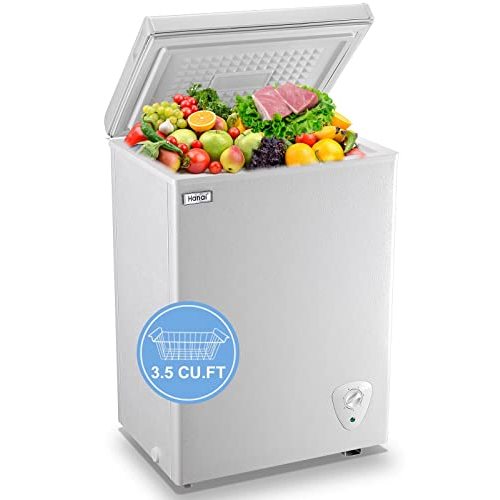 Chest Freezer Small Deep Freezer 3.5 Cu.Ft Mini White Free-Standing Top Door Freezer Adjustable 7 Thermostat and Removable Basket Open Deep Freezer Energy Saving Apartment Kitchen Business
