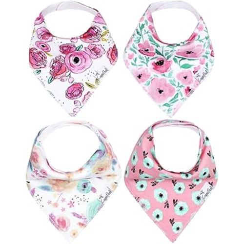Copper Pearl 4 Pack Soft Cotton Baby Bibs for Drooling and Teething, Absorbent Drool Bibs for Baby Girl and Boy, Adjustable to Fit Newborns to Toddlers, Tons of Styles (Bloom)