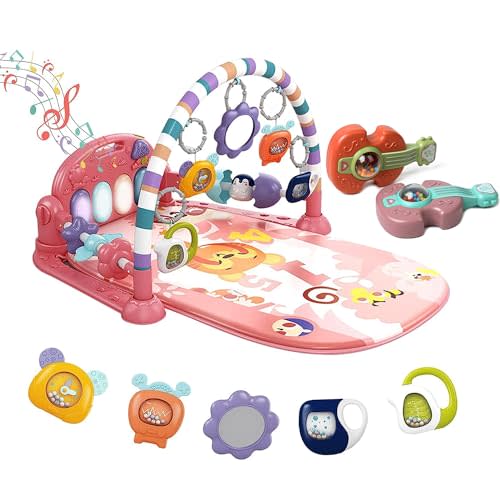 dearlomum Baby Play Mat Baby Gym,Funny Play Piano Tummy Time Baby Activity Mat with 5 Infant Sensory Baby Toys & 2 Guitar Rattles, Boy & Girl Gifts for Newborn Baby 0 to 3 6 9 12 Months(Pink)