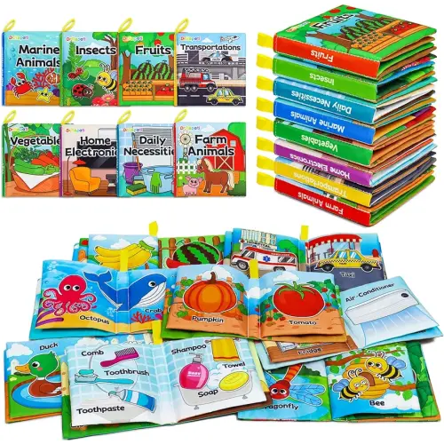 Dr.Rapeti Soft Cloth Books Baby Books Bath Books 8-Pack for Baby Infant Toddler Kid Crinkle Washable Chewable Early Educational Preschool Learning Giftable