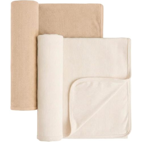 Konssy Knit Baby Blanket 2 Pack, Soft Ribbed Swaddle Receiving Blankets for Boys & Girls, Lightweight Cozy Swaddling Wrap for Newborns, Infants, & Toddlers, 33x42 Inch (Star,Blue)