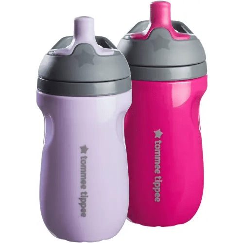 Tommee Tippee Insulated Sportee Bottle, 9oz, No Spill Toddler Water Bottle For 12 months +, Two-Piece Valve Helps Stop Spills, Lilac and Plum, 2 count