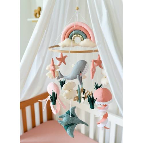Whale mobile nursery Ocean crib mobile Baby girl mobile Octopus Jellyfish Stingray Shell mobile Rainbow mobile