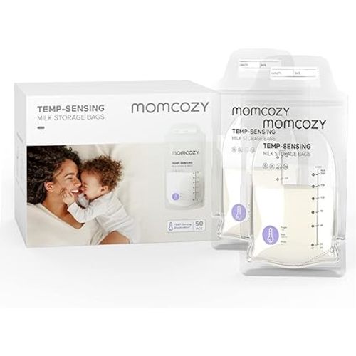 Momcozy Breastmilk Storage Bags, Temp-Sensing Discoloration Milk Storing Bags for Breastfeeding, Disposable Milk Storage Bag with 6oz Self Standing, No-Leak Milk Freezer Storage Pouches, 50pcs