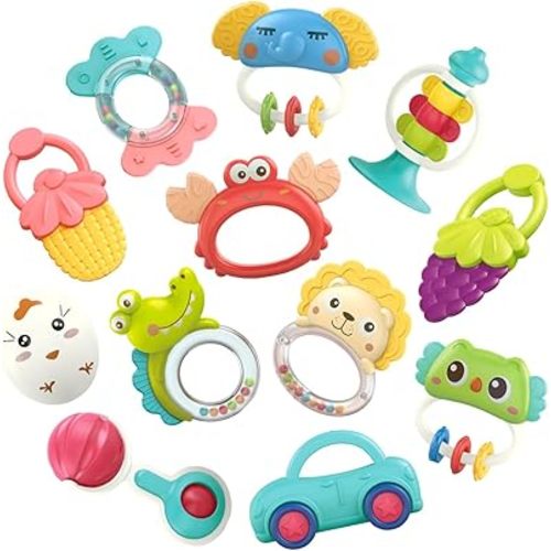 QIZEBABY Baby Toys,Teething Toys for Babies,Grab and Spin Rattles,Toddler Toys 0 3 6 12 Months,Gifts for Newborn Boys Girls(12pcs)