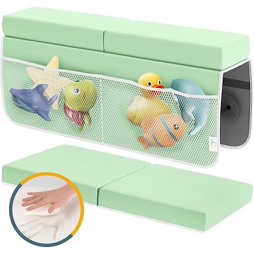 Memory Foam Bath Kneeler and Elbow Rest Pad Set, 2-Inch Thick, Water-Resistant Mat – Baby Bath Time Essentials Cushion and Bath Kneeling Pad for Bathing Baby with Bathtub Toy Organizer (Mint Green)