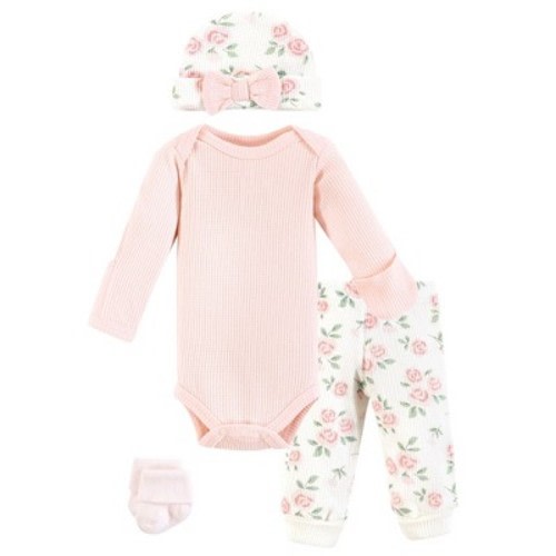 Hudson Baby Girls Thermal Preemie Layette Set 4pc Long Sleeve Outfit, Soft Pink Sage Rose, Preemie