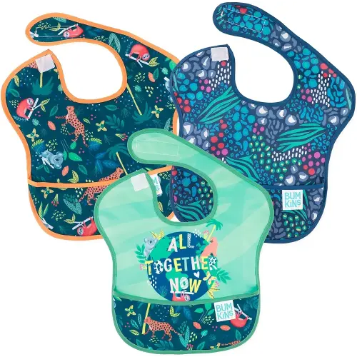 Bumkins Bibs for Girl or Boy, SuperBib Baby and Toddler for 6-24 Months, Essential Must Have for Eating, Feeding, Baby Led Weaning Supplies, Mess Saving Catch Food, Waterproof Fabric 3-pk Jungle