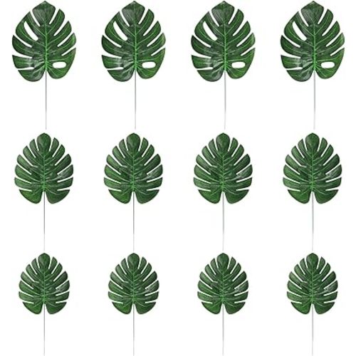 CCINEE 24PCS Green Artificial Palm Leaves, Faux Monstera Leaves Simulation Safari Leaves with Stems for Home Hawaiian Luau Party Jungle Beach Theme Party Decoration
