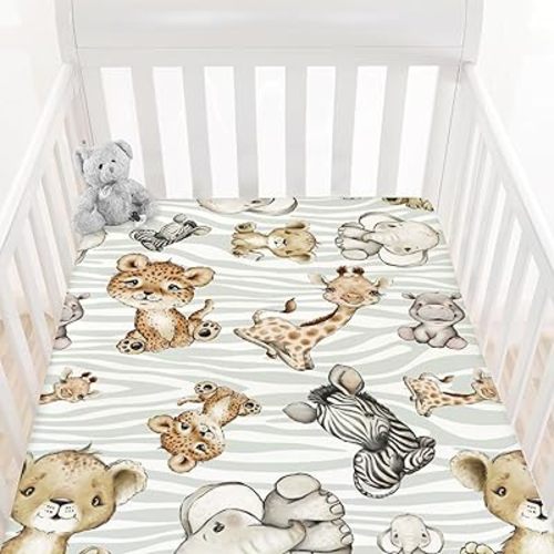 HawSkgFub Safari Jungle African Animals Fitted Standard Baby Crib Sheet Boy Girl, Giraffe Lion Tiger Elephant Zebra Toddler Mattress Cover, Soft Stretchy Nursery Bed Sheets Decor Kids Gift 52” x 28”