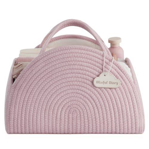 Blissful Diary Baby Diaper Caddy Organizer, Cotton Rope Diaper Caddy Basket, Large Baby Shower Caddy for Newborn Boys and Girls, Gift for Baby Shower List, Newborn Essentials Basket, Light Pink