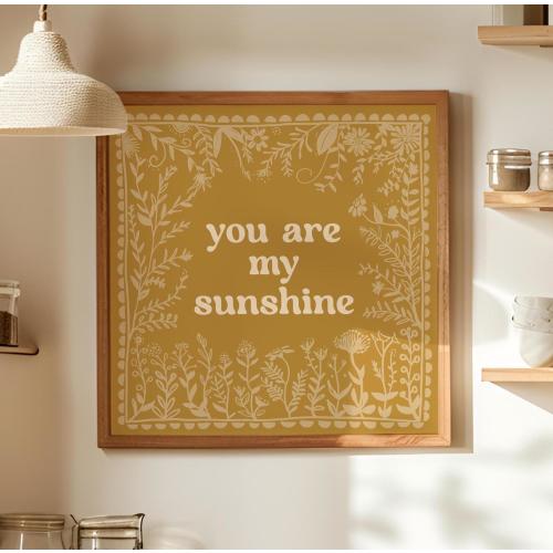 You Are My Sunshine Print, Yellow Nursery Quote Wall Art, Scandinavian Folk Style Artwork