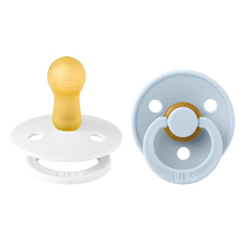 BIBS Pacifiers Colour Collection | Natural Rubber Baby Pacifier | Set of 2 BPA-Free Soothers | Made in Denmark | 6+ Months (Pack of 2) | Baby Blue/White