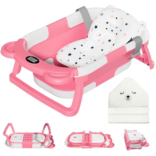MoreFeel Collapsible Baby Bathtub for Newborn with Thermometer & 1 Hooded Towel & 1 Soft Floating Cushion,Portable Travel Bathtub with Drain Hole, Durable Foldable Baby Tubs for Infants to Toddler