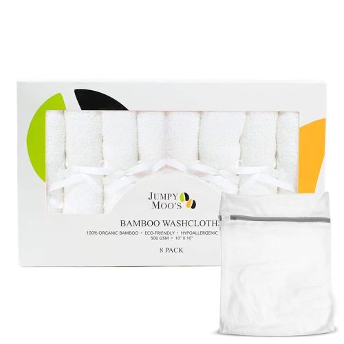 Jumpy Moo's Baby Washcloths - 100% Rayon from Bamboo, Ultra Thick 10x10 inches, Gentle on Delicate Skin, Perfect for Girls and Boys, Includes Giftbox & Laundry Bag