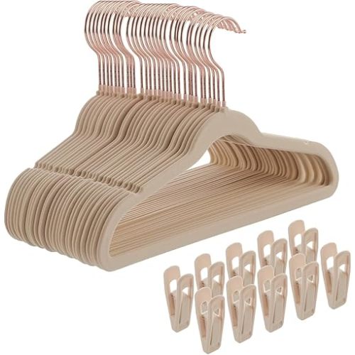 Kids Velvet Hangers 30 Pack - 14" Inch Premium Non Slip Kids Felt Hangers for Clothes - Ultra Thin Baby Felt Hangers for Youth Childrens' Closet with 10 Hanger Clips - Beige