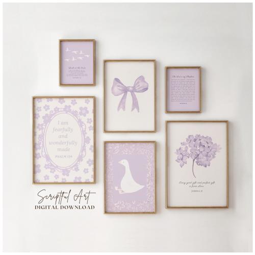 Christian Nursery Art Purple Girls Room Decor Baby Girl Bible Verse Prints Set of 6 Digital Download