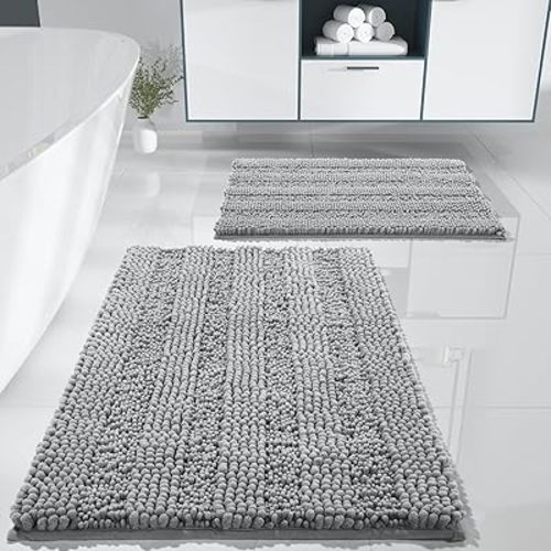 Yimobra Bathroom Rug Set 2 Piece, Soft Absorbent Chenille Bath Mat Set, Non Slip Machine Washable Quick Dry, Plush Shower Rugs for Bathroom Floor Sink Tub and Shower Outside, 32"x20"+24"x17", Gray
