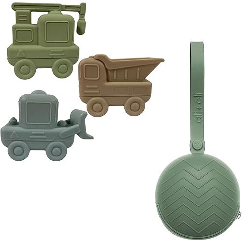 Ali+Oli Baby Bundle Mold-Free Construction Vehicles Bath Toy Set & Silicone Pacifier Case (Army Green) – BPA-Free, Food-Grade Silicone, Safe & Durable, Perfect for Bath Time, Travel, & On-The-Go