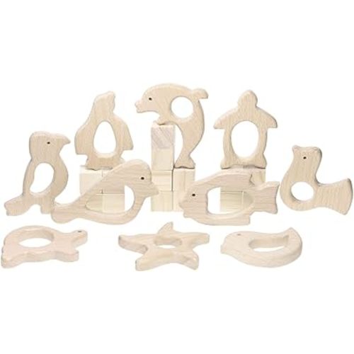 Penta Angel 10Pcs Wood Teething Rings Pain Relief Natural Wood Teething Toys Wooden Teether Animals for Infant Toddler, Turtles Swallows Dolphins Starfish Pigeons Birds Woodpeckers Fish Turtle