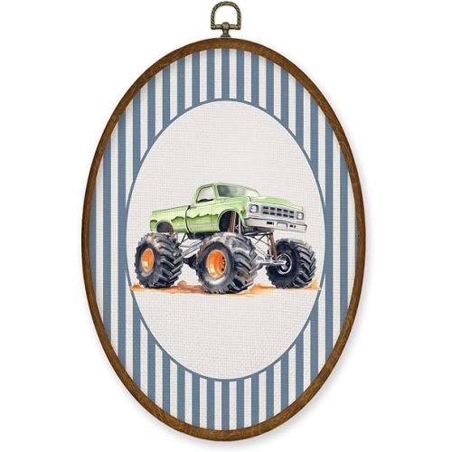 WULQYING Vintage Green Truck Nursery Wall Art Decor, Boy Nursery Oval Framed Canvas Art Prints, Blue Striped Truck Wall Hanging Decor for Kids Boys Toddler Room Bedroom Playroom, 8.6x11.4 Inches