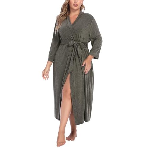 IN'VOLAND Womens Plus Size Kimono Robes Long Knit Bathrobe V Neck Ladies Loungewear Lightweight Soft Sleepwear 1X-5X