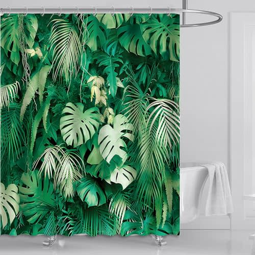 DOTOOMA 72x72 Inches Jungle Safari Plants Shower Curtain Hawaiian Luau Green Tropical Palm Leaves Theme Boy Girl Bath Children Bathroom Decoration Polyester Fabric Bathtub Supplies