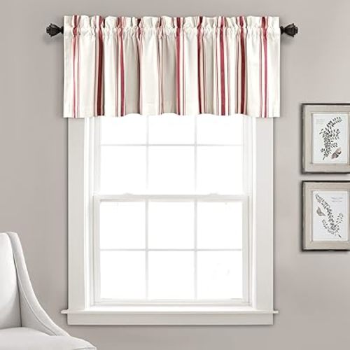 Lush Decor Farmhouse Stripe Yarn Dyed Recycled Cotton Window Curtain Valance, 18" L x 52" W, Red - Classic Modern Rustic Charm - Eco Friendly Cotton Fabric
