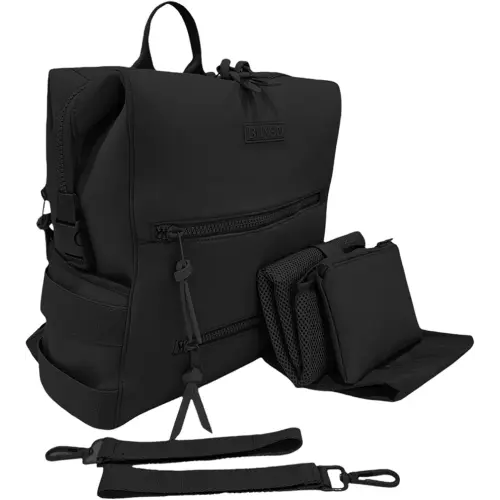 BUNSO Baby Neoprene Diaper Bag, Minimalist Backpack Diaper Bag with Pouch, Changing Pad, and Stroller Straps, Water Resistant and Lightweight Dad Diaper Bag, Diaper Bag Backpack, Black