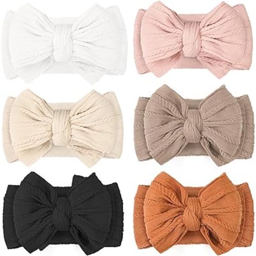 CÉLLOT 2024 Super Stretchy Soft Handmade Headbands with Double Bows Head Wrap Nylon Hair Accessories for Newborn Baby Girls Infant Toddlers Kids,Pack of 6 (Desert)